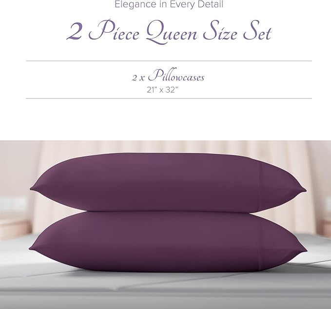 Carressa Linen 100% Egyptian Cotton Pillow Cases Standard Size Set of 2 - Luxury 600 Thread Count Queen/Standard Pillowcases (Plum Purple), Soft, Extra Long Staple Sateen Weave Hotel Pillow Covers