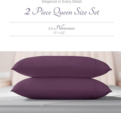 Carressa Linen 100% Egyptian Cotton Pillow Cases Standard Size Set of 2 - Luxury 600 Thread Count Queen/Standard Pillowcases (Plum Purple), Soft, Extra Long Staple Sateen Weave Hotel Pillow Covers