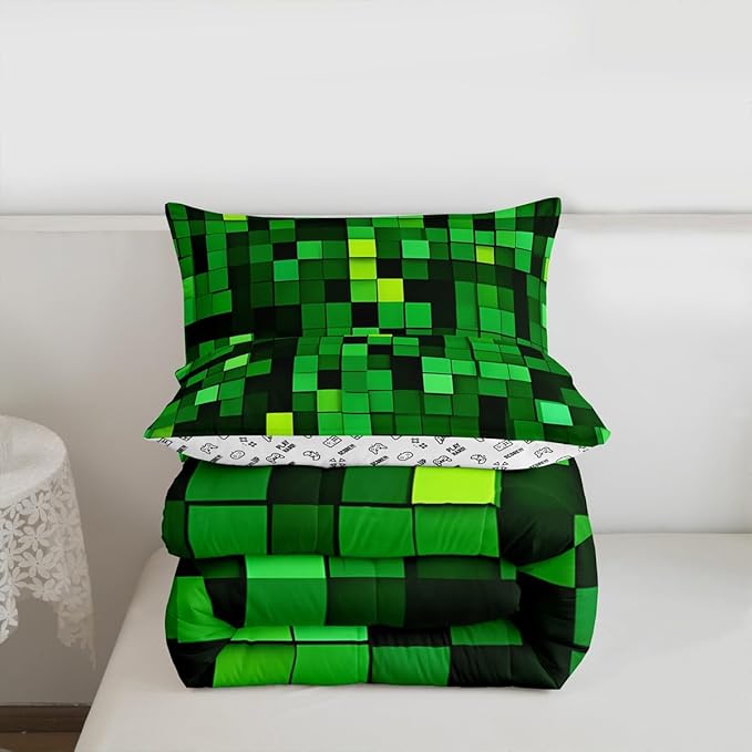 Pixelated Blocks Miners Kids Bedding Set King Size,Video Games Game Gamepad Comforter Set，Geometric Grid Patchwork Quilt Comforter,Green Bedroom Duvet Insert,2 Pillowcases