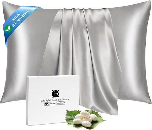 Ravmix Silk Pillow Cases with Zipper, 21momme Mulberry Silk Pillowcase for Hair Skin Health, Soft Smooth Breathable Cool Pillow Cover for Beauty Sleep with Gift Box 1PC(Queen 20"x30", Apricot Gray)