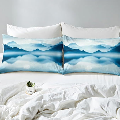 Feelyou Smoky Mountain Bedding Set Queen Size Foggy Scenic Duvet Cover for Adult Kids Boys Girls Teal Blue Comforter Cover Set Natural Landscape Bedspread Cover 3Pcs Zipper