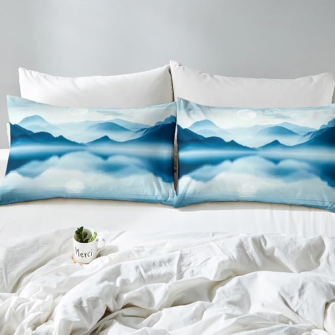 Feelyou Smoky Mountain Bedding Set King Size Foggy Scenic Duvet Cover for Adult Kids Boys Girls Teal Blue Comforter Cover Set Natural Landscape Bedspread Cover 3Pcs Zipper