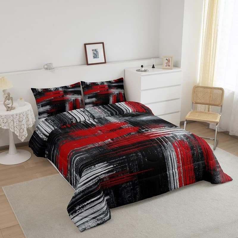 Red Black and Grey Comforter Geometric Artistic Smear Comforter Set Abstract Graffiti Art Bedding Set Contemporary Modern Brush Design Duvet Set Room Decor Quilt Set Full Size