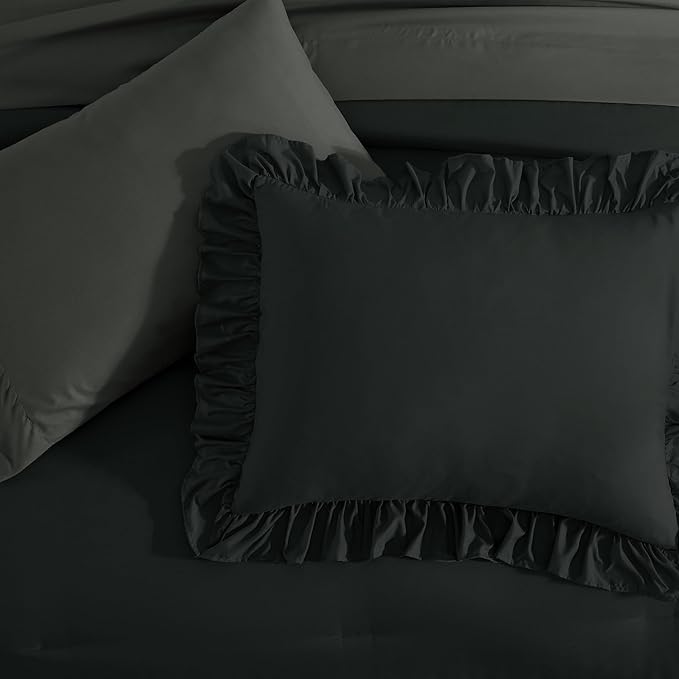 King Size Comforter Set Black, Ruffle Shabby Chic Bedding Set Farmhouse 7 Pieces, All Season Fluffy Bed in a Bag with Sheets, Pillowcases & Shams
