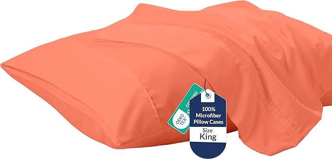 Royale Linens King Pillowcase Set of 2 - Bed Pillow Cover - 20" x 40" -Coral Pillowcases - 1800 Brushed Microfiber, Wrinkle & Fade Resistant - Soft & Cozy- King Size Pillow Case (Coral)