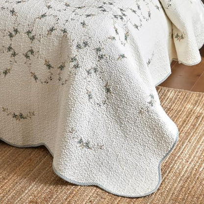 MarCielo 3Pcs Soft Cream Cotton Quilt Bedspread Set European Cottage Style TC153