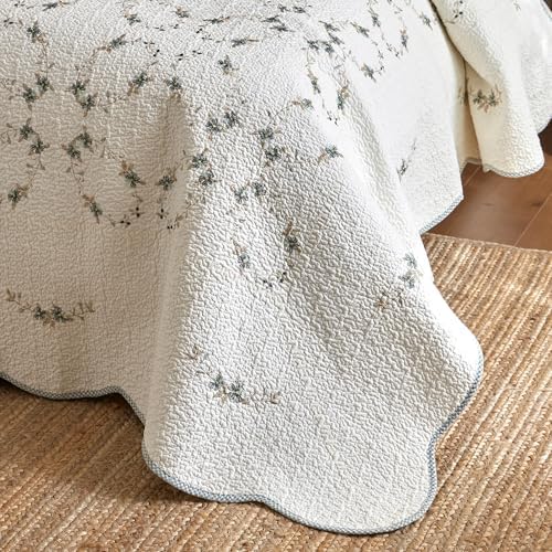 MarCielo 3Pcs Soft Cream Cotton Quilt Bedspread Set European Cottage Style TC153