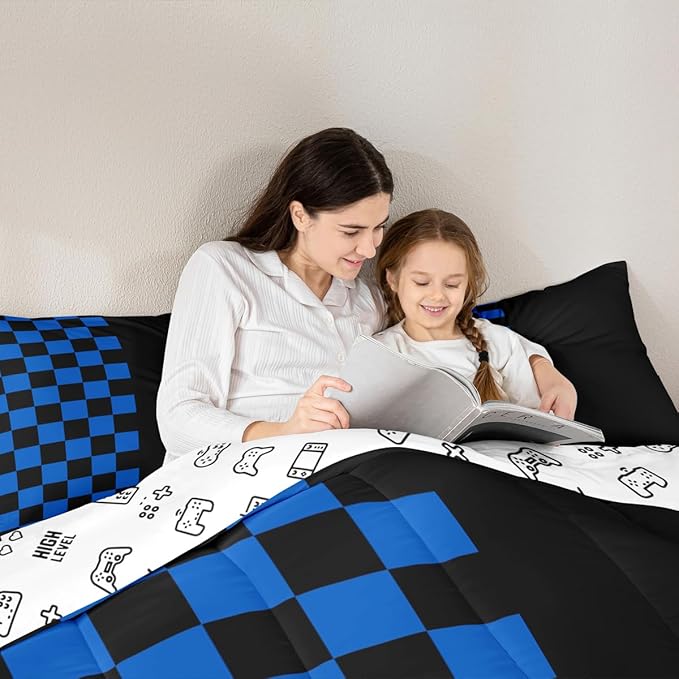 Geometric Check Comforter Set Full Size,Video Games Plaid Lattice Kids Bedding Set,Modern Grid Simple Quilt Comforter,Black Blue Duvet Insert,2 Pillowcases