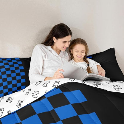 Geometric Check Kids Bedding Set King Size,Video Games Plaid Lattice Comforter Set，Modern Grid Simple Quilt Comforter,Black Blue Bedroom Duvet Insert,2 Pillowcases