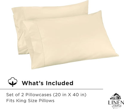 Linen Home 500 Thread Count King Pillowcase Set | 100% Long-Staple Cotton Pillow Cases | Soft & Smooth Luxury Satin Set of 2 Pillowcases | 4 Inch Z Hem | Ivory