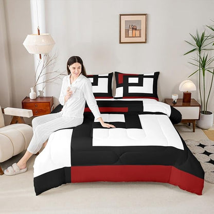 Erosebridal Red Black and White Striped King Bedding Set Square Abstract Comforter Set for Adult Women Men Modern Geometric Stripes Bold Lines Bed Collections Minimalist Plaids Quilt Sets