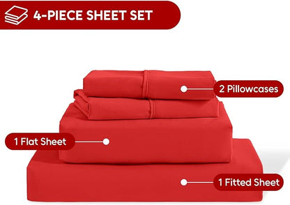 Full Size Bed Sheets Set, 4 Pieces Hotel Luxury Soft Microfiber Bed Sheets Set, Up to 16" Deep Pockets, Oeko-Tex Sheets with Elastic, Breathable, Wrinkle Free (Red, Full)