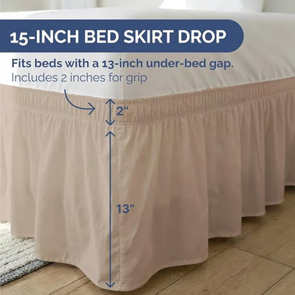 Wrap Around Dust Ruffle Bed Skirt - Cream - for King Size Beds with 15 Inch Drop - Easy Fit Elastic Strap - Adjustable Pleated Bedskirt w/Brushed Fabric - Wrinkle Free - for Women, Men, Kids & Teens