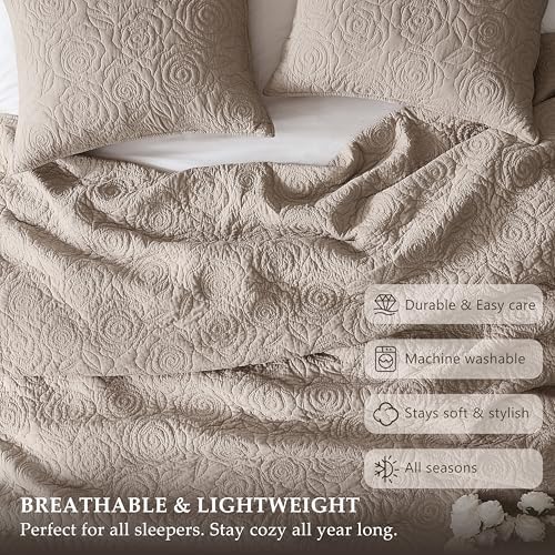 WDCOZY Dark Beige 100% Cotton Quilt Cal King Bedding Sets with 2 Pillow Shams, Floral Rosette Lightweight Bedspread Soft Farmhouse Patterned Coverlet Quilted Comforter Bed Cover All Season, 3 Pieces