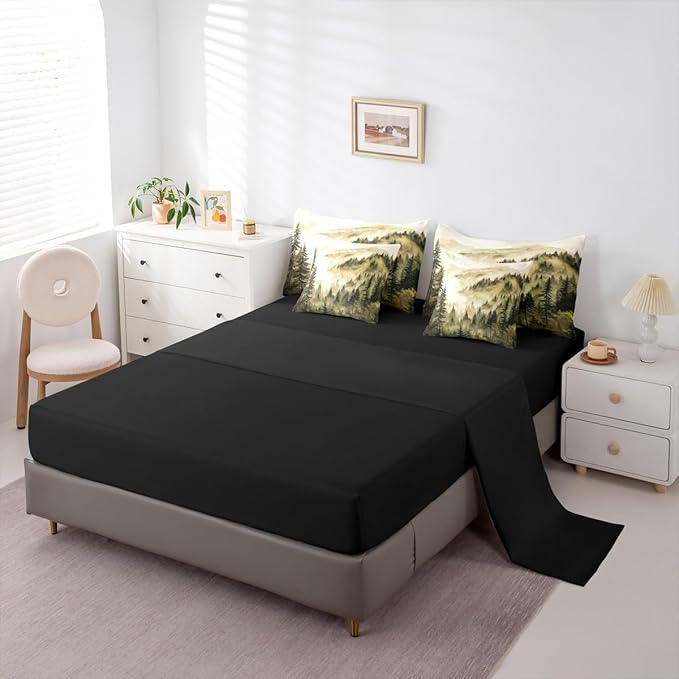 Erosebridal Yellow Misty Forest Queen Bedding Set 7 Piece Mountain Foggy Woodland Bed in A Bag with Sheets Rustic Pine Tree Comforter Set for Kids Adults,Watercolor Nature Theme Bed Sets
