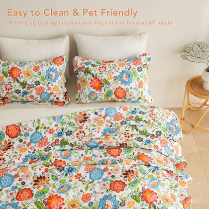 Lady Ann Oversized King Quilt 120x120 - Vibrant Multicolor Folk Flowers Print Quilted Bedspread Set, Soft Lightweight Bohemian Farmhouse Coverlet with Scalloped Edge, 3 PCS Cotton Bedding Set