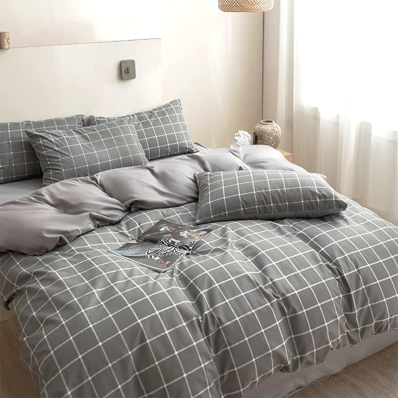 NSNLGSGC Queen Duvet Cover Set, Gray Grid