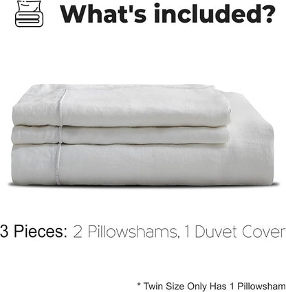 Simple&Opulence 100% Washed Linen Duvet Cover Set with Embroidered, 3 Pieces Soft Farmhouse Comforter Set with Button Closure,1 Duvet Cover and 2 Pillowshams(King,White)