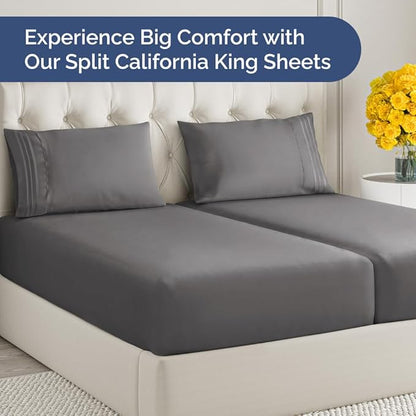 Split California King Bed Sheet Set - 5 Piece Split Cal King Size Sheets - Ultra-Soft, Breathable & Cooling - Comfy, Wrinkle & Fade Resistant - Fits 8" to 16" Inch Mattress w/ Deep Pockets - Dark Grey