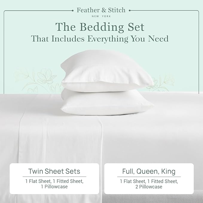 Feather & Stitch Softest 100% Cotton Sheets, 300 Thread Count Percale Weave Bedding, 16" Deep Pocket, Cooling Sheets, Breathable Bed Set, Hotel Premium Quality (Queen, White)
