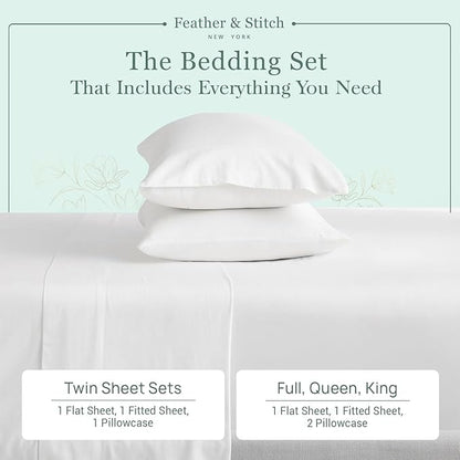 Feather & Stitch Softest 100% Cotton Sheets, 300 Thread Count Percale Weave Bedding, 16" Deep Pocket, Cooling Sheets, Breathable Bed Set, Hotel Premium Quality (Queen, White)