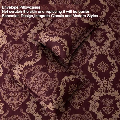 WONGS BEDDING Burgundy Comforter Set Full Size, Maroon Damask Texture 7 Pieces Bed in a Bag Microfiber Comforter Bedding Sets -1 Comforter, 1 Flat Sheet, 1 Fitted Sheet, 2 Pillow Shams,2 Pillowcases