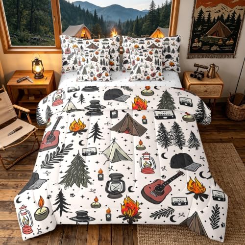 Erosebridal Kids Camper Theme Full Bedding Set 7 Piece Happy Camping Equipment Bed in A Bag with Sheets Botanical Trees Mountain Adventure Comforter Set for Boys Girls Teens,Cute Camper Bed Sets