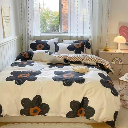 CLOTHKNOW Black Sunflower Queen Comforter Set Floral Bedding Comforter Sets Brown Plaid Comforter Soft Botanical Queen Comforter with 2 x Pillow Cases
