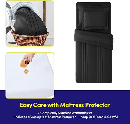 Dorm Room Essentials Twin XL Comforter Set Bedding – College-Ready Bundle with Comforter, Mattress Protector & Sheets with Pockets on the Side & Built-in Corner Strap – Media Pocket for Device