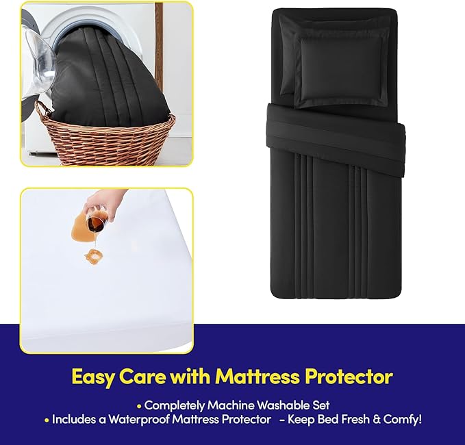 Twin Size Comforter Set Quilted Stripe Bedding Bundle – Comforter, Mattress Protector, Sheets with Pockets on the Side & Built-in Corner Strap – Fitted Sheet Media Pocket for Devices, Black