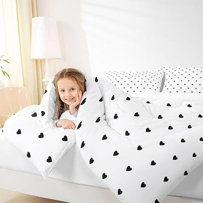 Erosebridal White Black Comforter Set Cute Heart Pattern Bedding Set Girly Cartoon Love Geometric Down Comforter King Size Cute Quilt Set for Kids Girls Boys Teens Bedroom Decor Soft Duvet Set