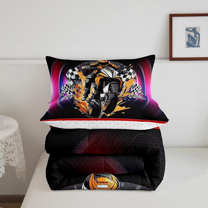 Feelyou Dirt Bike Comforter Set Full Size Flag Comforter for Boys Girls Teens Racing Motocross Rider Bedding Set Extreme Sports Duvet Set Room Decor Black Purple Quilt Set