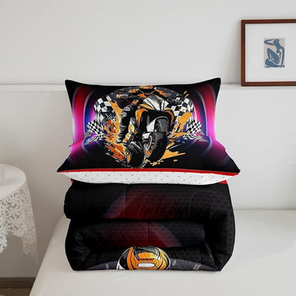 Feelyou Dirt Bike Comforter Set Full Size Flag Comforter for Boys Girls Teens Racing Motocross Rider Bedding Set Extreme Sports Duvet Set Room Decor Black Purple Quilt Set