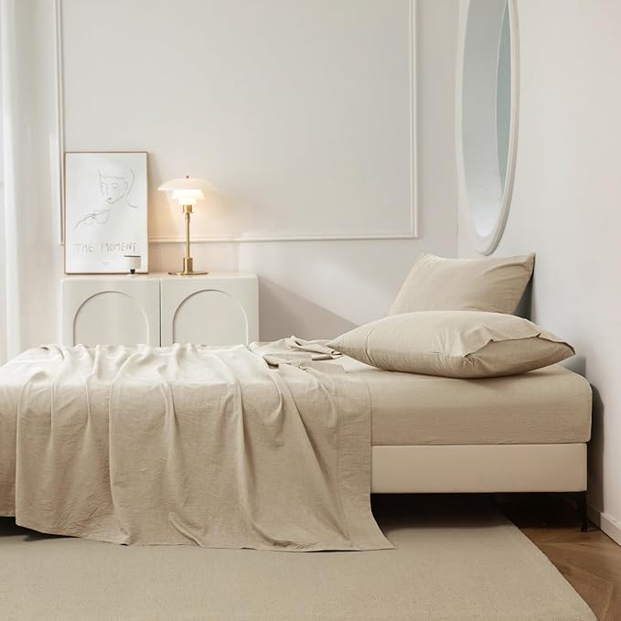 JIYUAN Queen Size Sheet Set, 4-Piece - 100% Washed Cotton, Linen-Like Soft & Breathable, Includes Deep Pocket Fitted & Flat Sheet with 2 Pillowcases, Hotel Quality, Heathered Tan