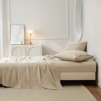 JIYUAN Queen Size Sheet Set, 4-Piece - 100% Washed Cotton, Linen-Like Soft & Breathable, Includes Deep Pocket Fitted & Flat Sheet with 2 Pillowcases, Hotel Quality, Heathered Tan