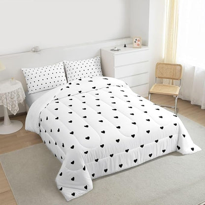 Erosebridal White Black Comforter Set Cute Heart Pattern Bedding Set Girly Cartoon Love Geometric Down Comforter King Size Cute Quilt Set for Kids Girls Boys Teens Bedroom Decor Soft Duvet Set