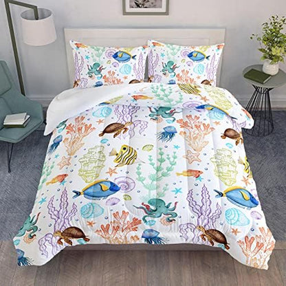 Turtle Comforter Set Queen Ocean Watercolor Sea Turtle Bedding Set Tropical Fish Marine Life Bed Set with 2 Pillowcases for Kids Room Decor