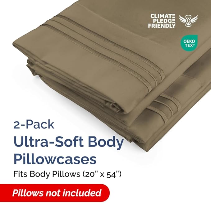 Body Pillowcases Set of 2-20x54 Long Body Pillow Case - Soft Body Pillow Cover for Sleeping & Side Sleepers - Comfy, Wrinkle & Fade Free - Machine Washable w/Envelope Enclosure Khaki