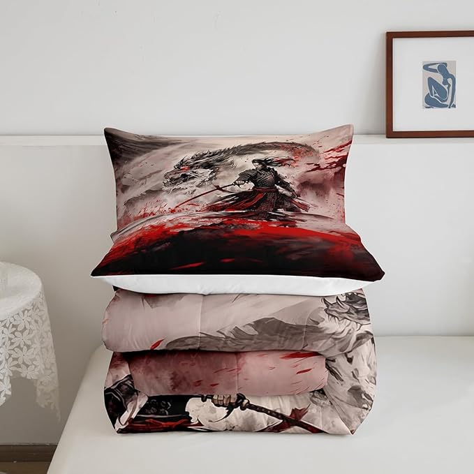 Dragon Comforter Set Full Size,Japanese Samurai Bedding Set Kids Boys Teens Men Home Decor Magical Animals 3D Dragon Quilt Set,Western Wildlife Theme Black Red Ink Style Duvet Insert,2 Pillowcases