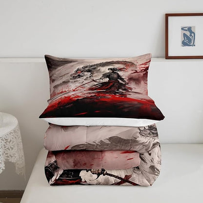 Dragon Comforter Set Queen Size,Japanese Samurai Bedding Set Kids Boys Teens Men Room Decor 3D Dragon Magical Animals Quilt Set,Western Wildlife Theme Black Red Ink Style Duvet Insert,2 Pillowcases