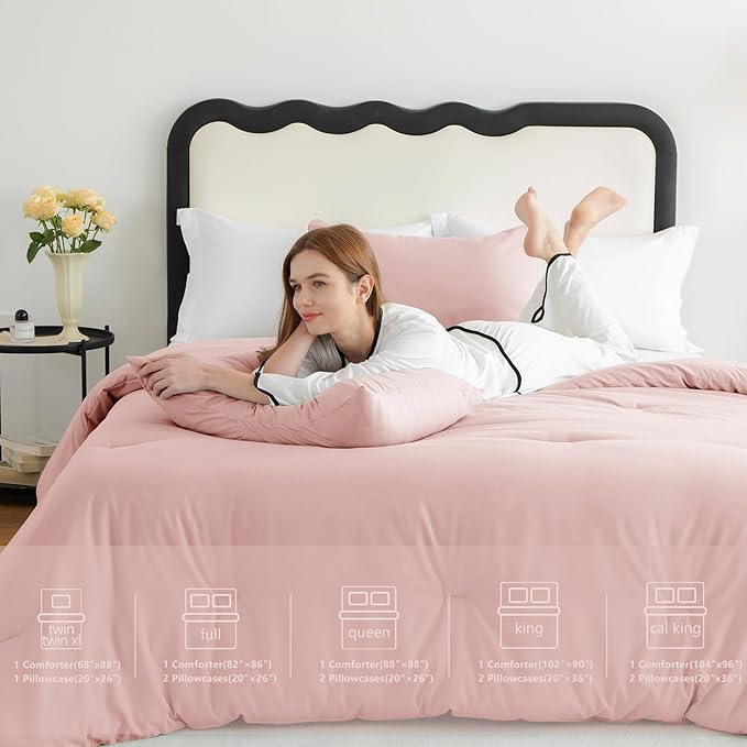 CozyLux Full Size Comforter Set Blush Pink, 3 Pieces Solid Breathable Quilted Bedding Sets, Luxury Lightweight Soft Bed Set with Down Alternative Comforter and 2 Pillowcases for All Seasons