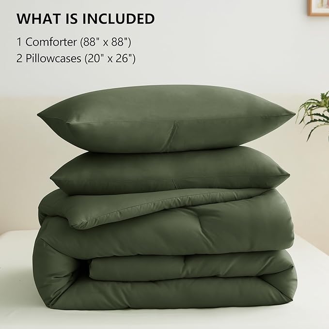 CozyLux Queen Comforter Set Olive Green, 3 Pieces Solid Comforters Queen Size Breathable Bedding Sets, Luxury Soft Lightweight Bed Set with Down Alternative Comforter and 2 Pillowcases All Seasons
