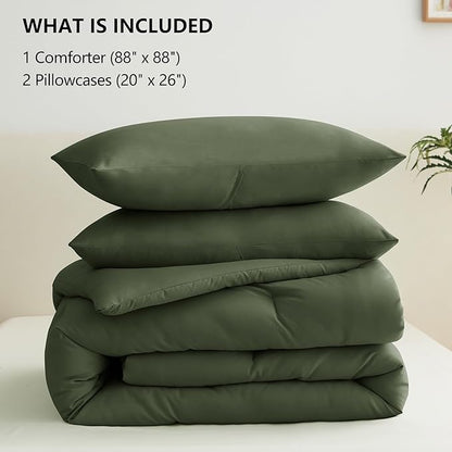 CozyLux Queen Comforter Set Olive Green, 3 Pieces Solid Comforters Queen Size Breathable Bedding Sets, Luxury Soft Lightweight Bed Set with Down Alternative Comforter and 2 Pillowcases All Seasons