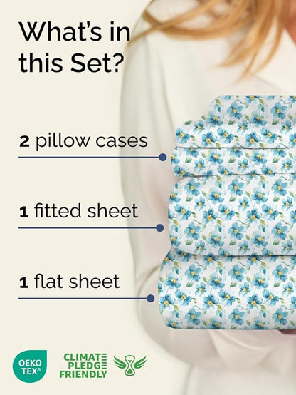 Floral Sheets - Flower Print Bed Sheet Set - 1 Flat, 1 Fitted & 2 Pillowcases w/ Deep Pockets - Comfy, Cozy, Wrinkle & Fade Free - Boho Botanical Bedding - Soft, Breathable & Cooling - King Size Set