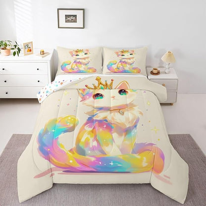 Erosebridal 3D Anime Cat Bedding for Animal Lovers Cartoon Lovely Cat Comforter Set Full, Kawaii Colorful Cat Bedding Comforter Sets for Girls Boys Kids Cartoon Gifts Decor for Bedroom