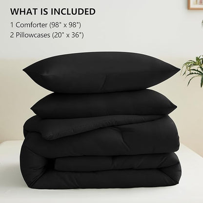 CozyLux Oversized Queen Comforter Set Black, 3 Pieces 98x98 Solid Breathable Quilted Bedding Sets for All Season, Luxury Soft Lightweight Bed Set with Down Alternative Comforter and 2 Pillowcases