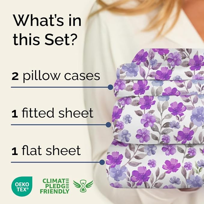 Floral Sheets - Purple Floral Bed Sheet Set - 1 Flat, 1 Fitted & 2 Pillowcases w/ Deep Pockets - Comfy, Wrinkle & Fade Free Boho Botanical Bedding - Soft, Breathable & Cooling - New King Size