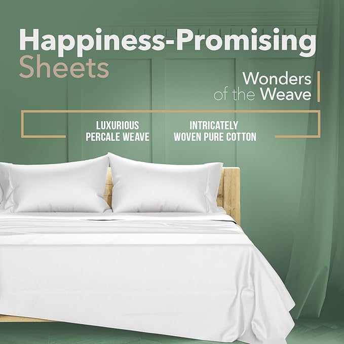 TEXAS LINEN CO. 100% Organic Cotton Sheets California King Size - 4 PC Organic Cotton Cal King Size Percale Weave Sheet Set, Soft, Cooling & Crisp, 16" Deep Pocket Hotel Quality Bedding Set - White