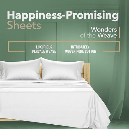 TEXAS LINEN CO. 100% Organic Cotton Percale Sheets Full Size - White, 4 Piece Set, Soft & Crisp, Cooling, 16" Deep Pocket Hotel Sheets