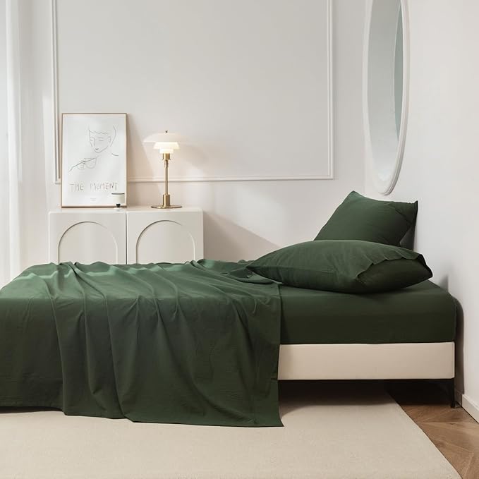 JIYUAN Full Size Sheet Set, 4-Piece - 100% Washed Cotton, Linen-Like Soft & Breathable, Includes Deep Pocket Fitted & Flat Sheet with 2 Pillowcases, Hotel Quality, Solid Forest Green